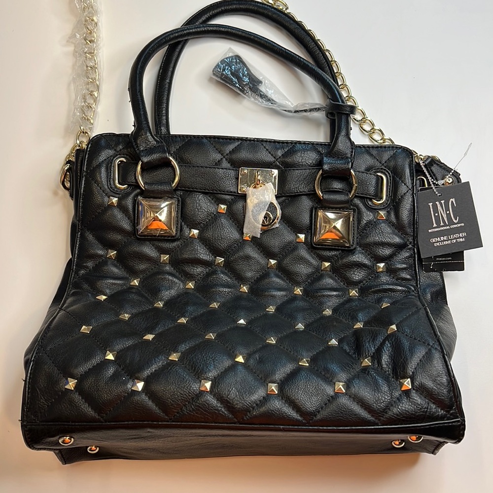 INC International Concepts Black Quilted Leather Hand Bag w/ Gold Studs, NWT!